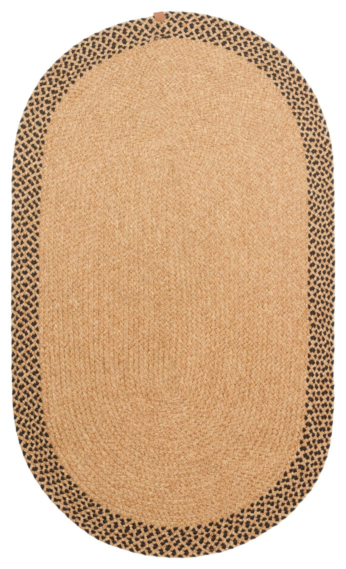 Çift Taraflı Havsız Jüt Görünümlü Bordürlü Patna Serisi Oval Hasır Örgü Halı Natural Black