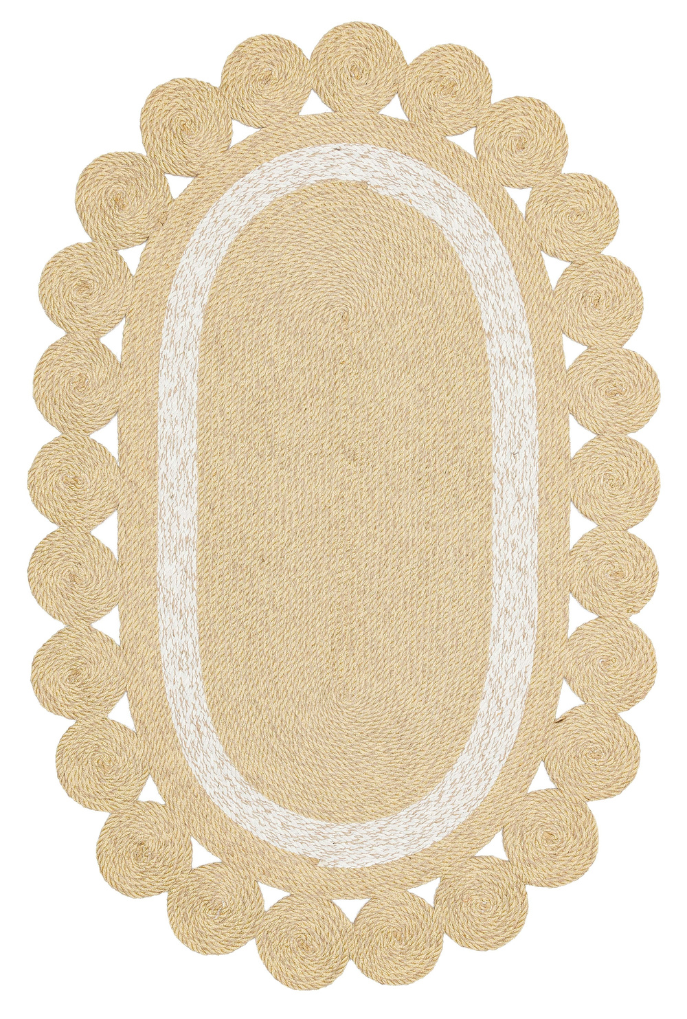 Çift Taraflı Havsız Jüt Görünümlü Fistolu Kenar Patna Serisi Oval Hasır Örgü Halı Natural White