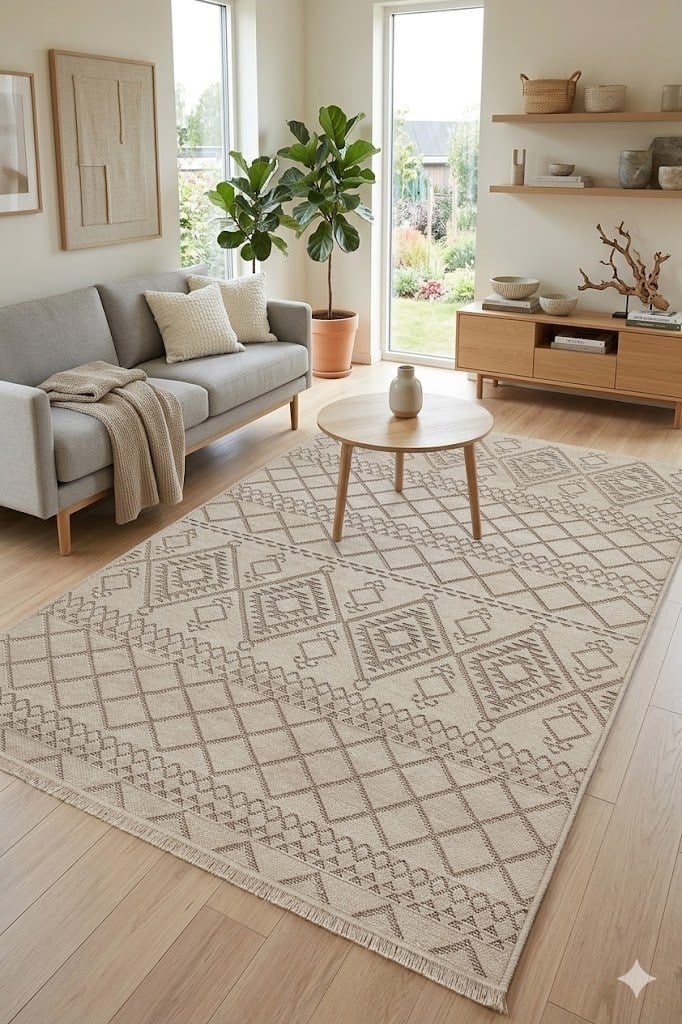 Makinede Yıkanabilir Kaymaz Taban Antialerjik İskandinav Desenli Kilim Serisi Garden Bej