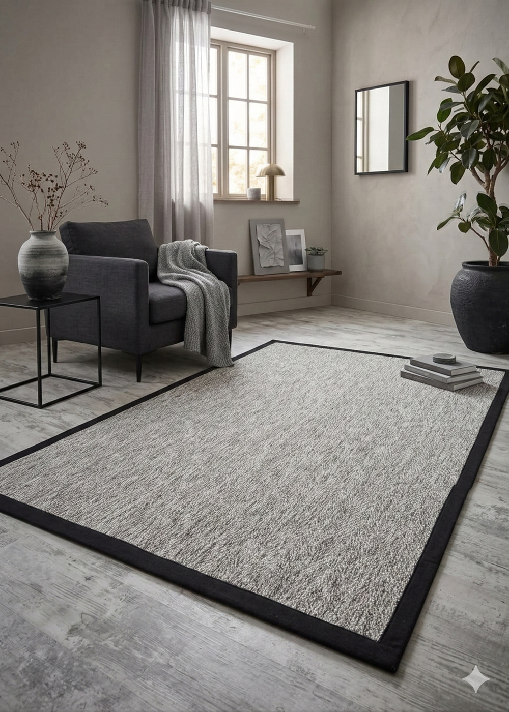 Modern Tasarımlı  Sisal Balık Sırtı Gri Dokuma Siyah Kumaş Bordür Halı vnt 2704