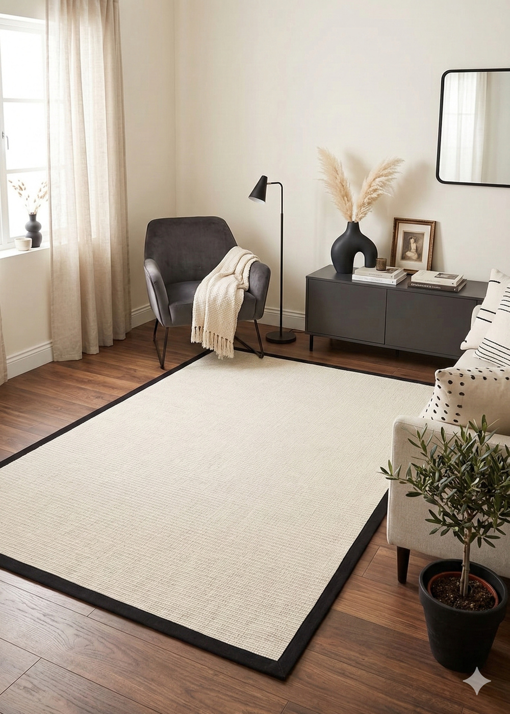 Modern Tasarımlı  Sisal Krem Dokuma Siyah Kumaş Bordür Halı vnt 2706