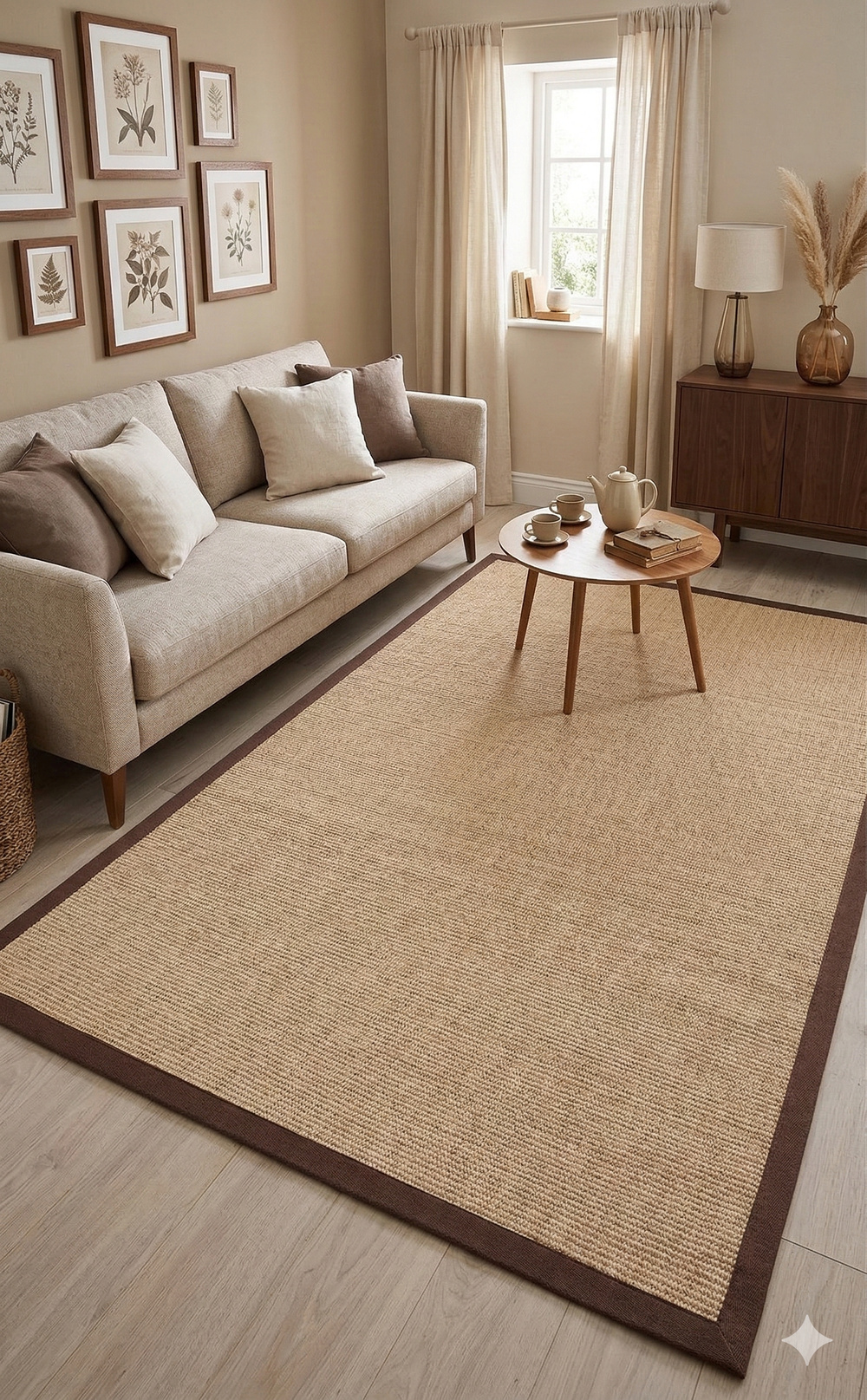 Modern Tasarımlı  Sisal Natural Dokuma Kahve Kumaş Bordür Halı vnt 2702