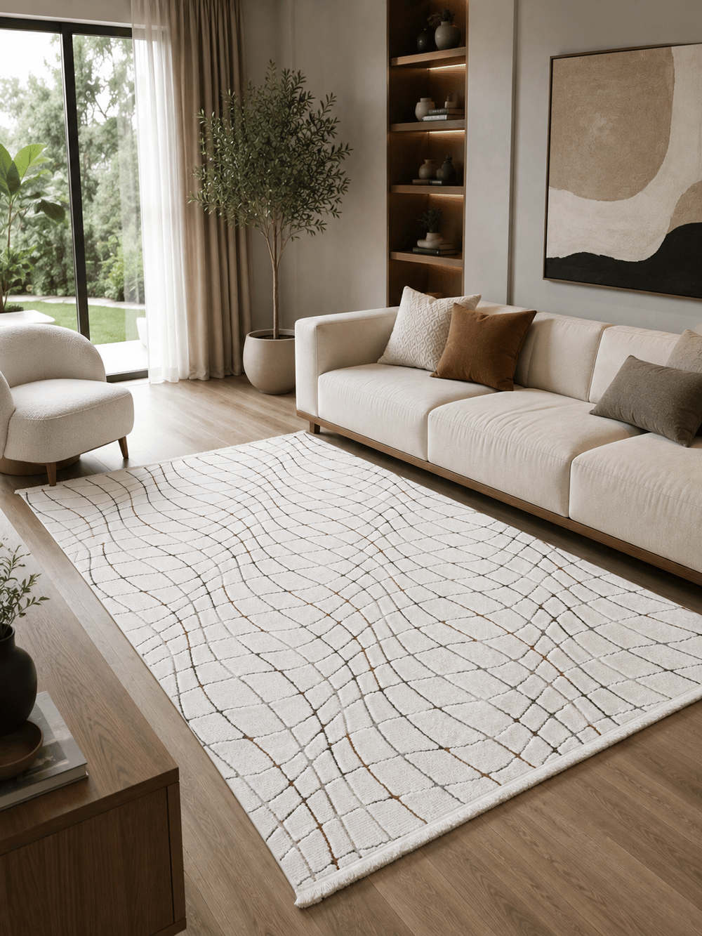 Yumuşak Dokulu Kaymaz Taban Sunset Serisi Krem Dalgalı Geometrik Desenli Kabartmalı Makine Halısı SNS1171