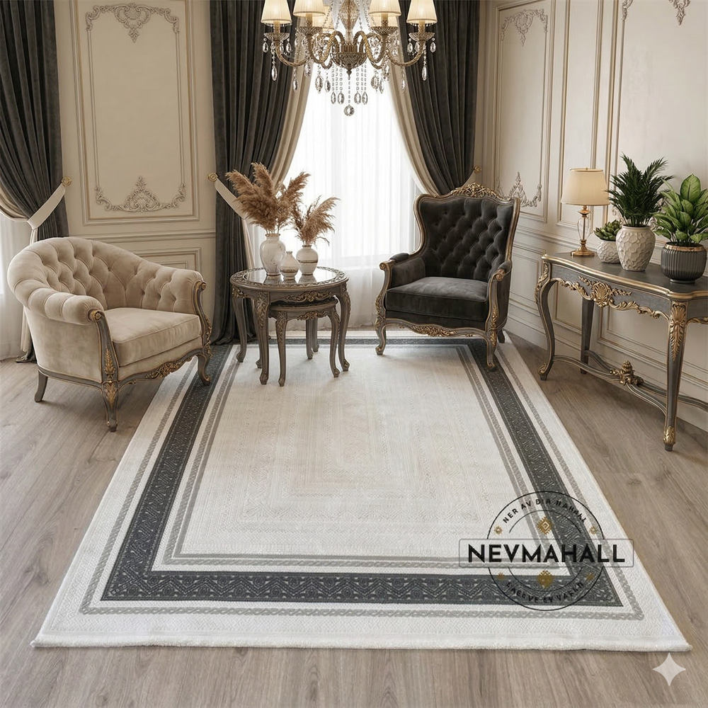 Zarif Motifli Aden Çerçeveli Makine Halısı Gri