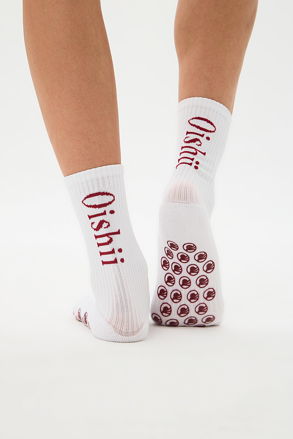 Oishii Yoga Soket Çorap Yarım Havlu Dikyazı Bordo Desen Beyaz