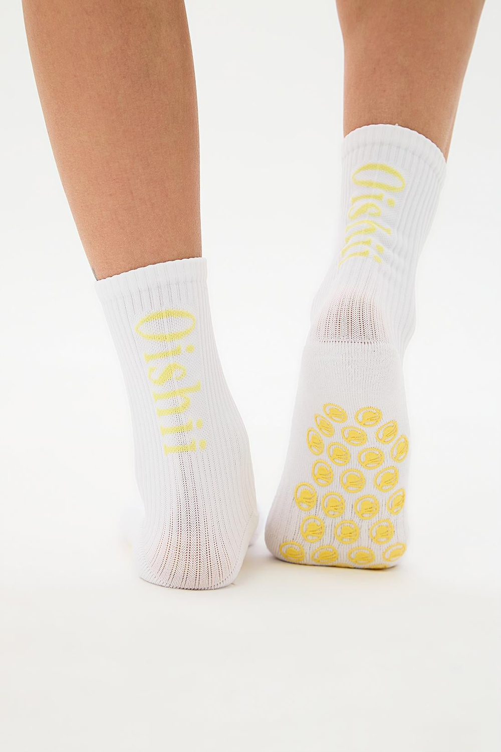 Oishii Yoga Soket Çorap Yarım Havlu Dikyazı Sarı Desen Beyaz
