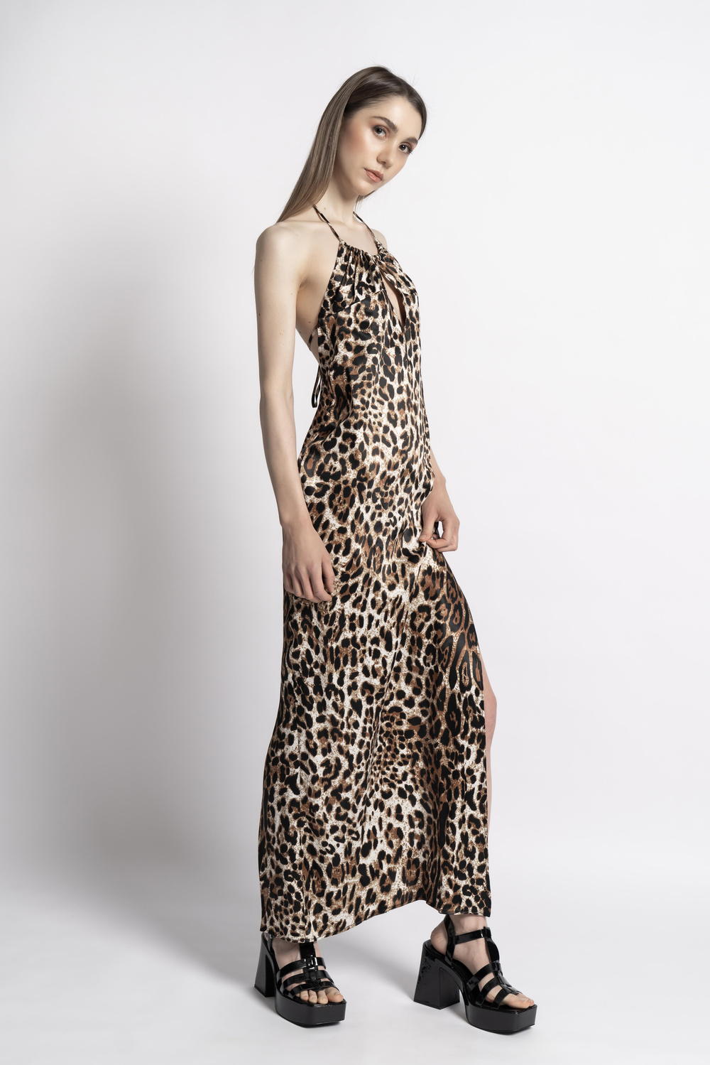 Leopar Desen Saten Kamisol Elbise