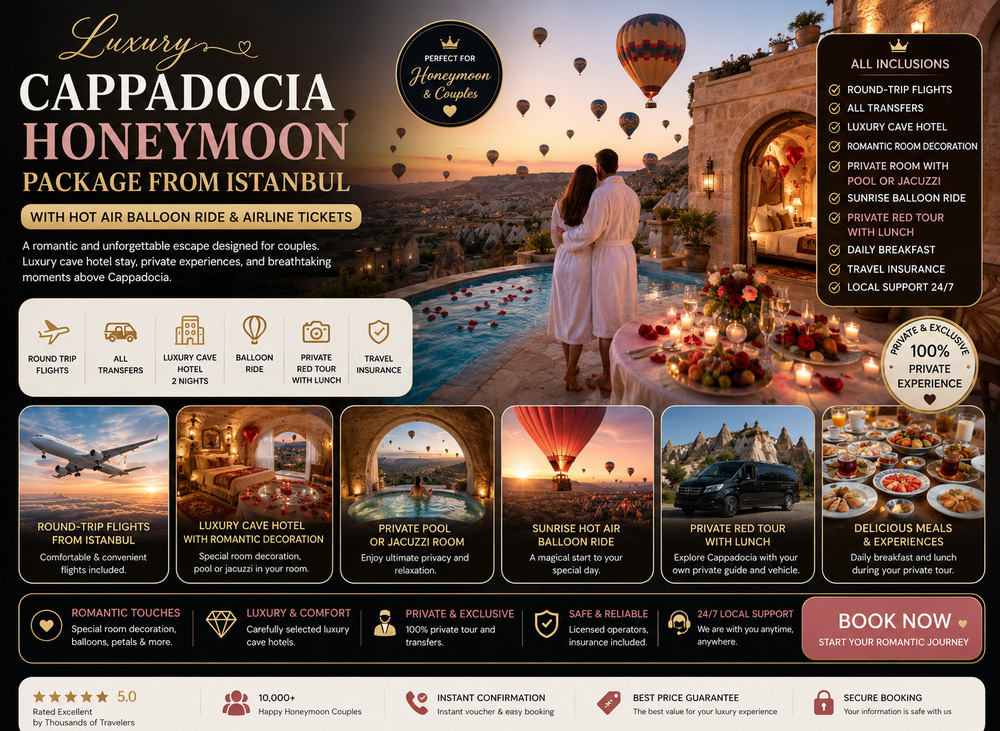 Luxury Cappadocia Honeymoon Package from Istanbul with Private Red Tour & Hot Air Balloon Ride
