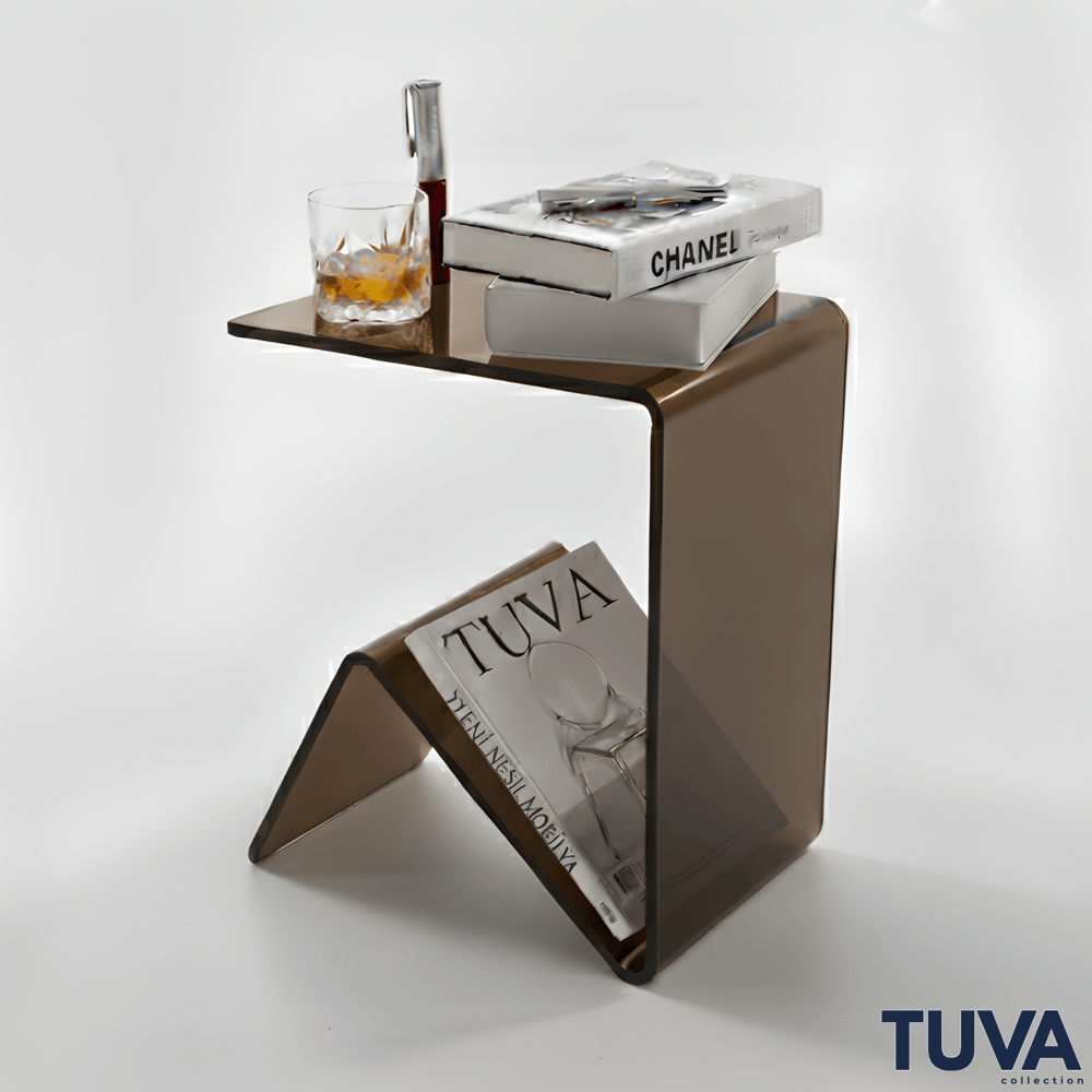 Elan – Tek Parça Bükümlü Şeffaf Akrilik Modern Sehpa | Çarpraz Dengeli Avangard Tasarım | Tuva Premium Mobilya