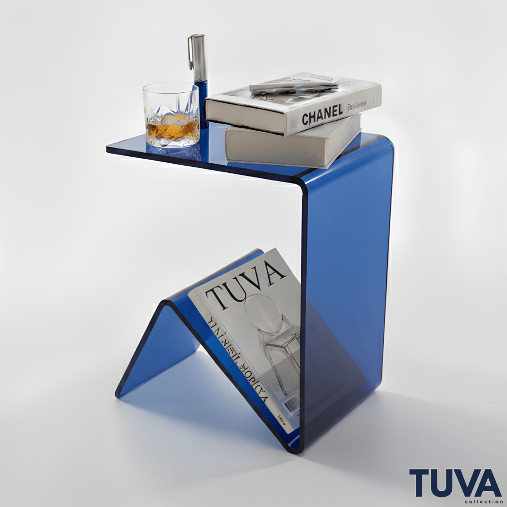 Elan – Tek Parça Bükümlü Şeffaf Akrilik Modern Sehpa | Çarpraz Dengeli Avangard Tasarım | Tuva Premium Mobilya