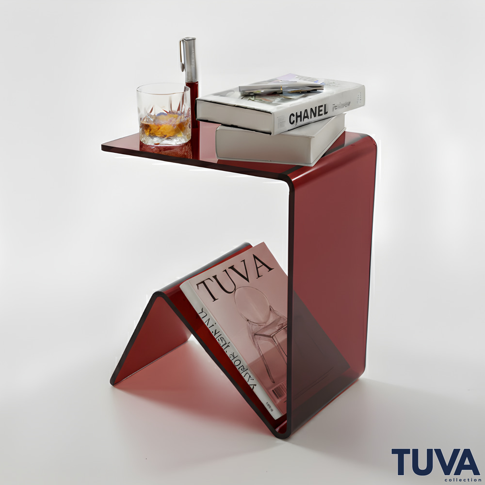 Elan – Tek Parça Bükümlü Şeffaf Akrilik Modern Sehpa | Çarpraz Dengeli Avangard Tasarım | Tuva Premium Mobilya