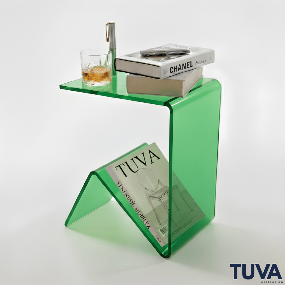 Elan – Tek Parça Bükümlü Şeffaf Akrilik Modern Sehpa | Çarpraz Dengeli Avangard Tasarım | Tuva Premium Mobilya