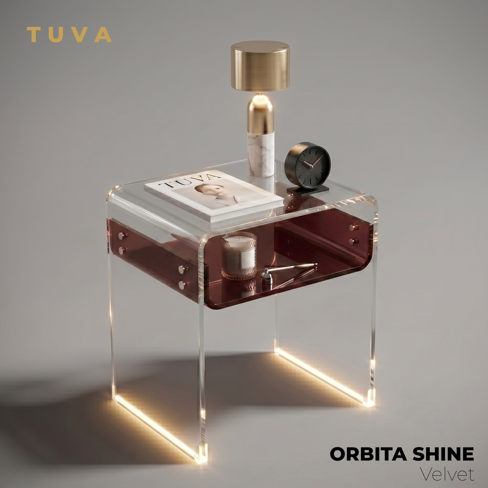 ORBITA SHINE | Led Ayaklı Büküm Raflı Pleksi Yan Sehpa Komodin | TUVA - Orbit Collection