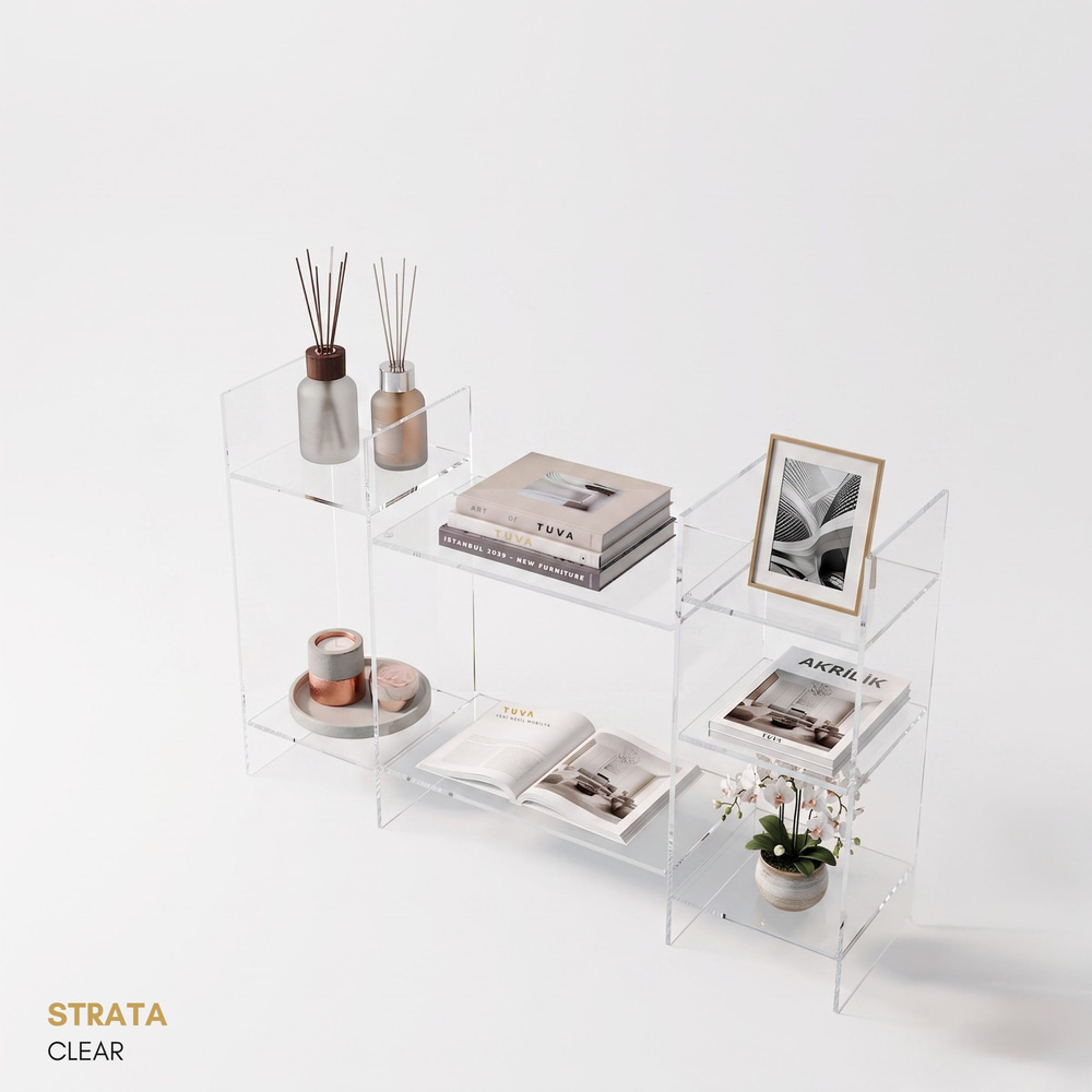 STRATA | Akrilik Raf Ünitesi & Konsol | Şeffaf Pleksi Konsol & Kitaplık