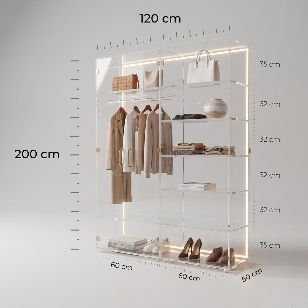 The ACRYLIGHT CURATO | Premium Şeffaf Işıklı Pleksi Gardırop & Vitrin | TUVA 