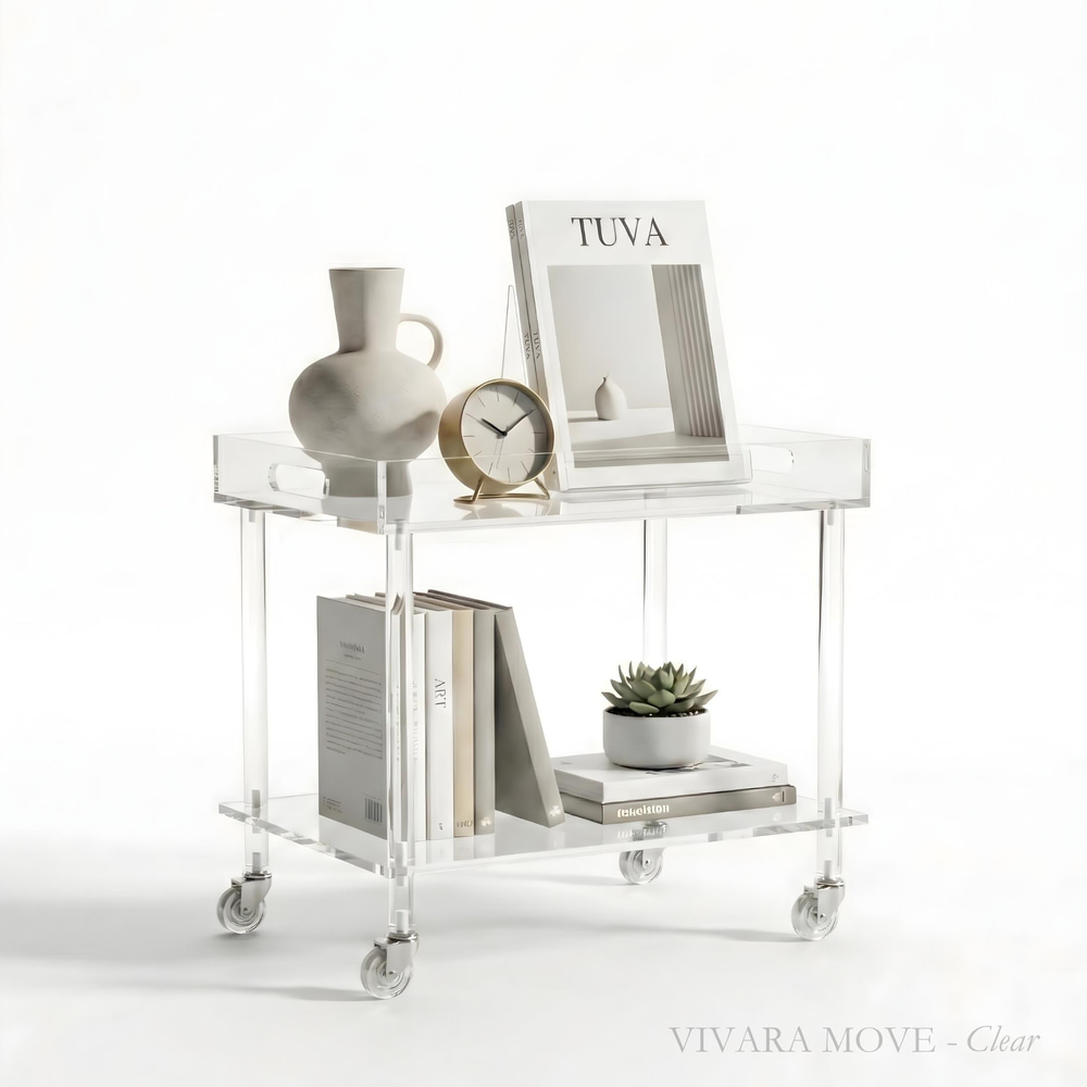 VIVARA Move | Tekerlekli Çubuk Ayaklı İki Katlı Pleksi Minimalist Yan Sehpa | Tuva Yeni Nesil Mobilya 