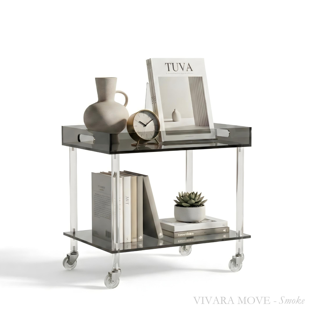 VIVARA Move | Tekerlekli Çubuk Ayaklı İki Katlı Pleksi Minimalist Yan Sehpa | Tuva Yeni Nesil Mobilya 