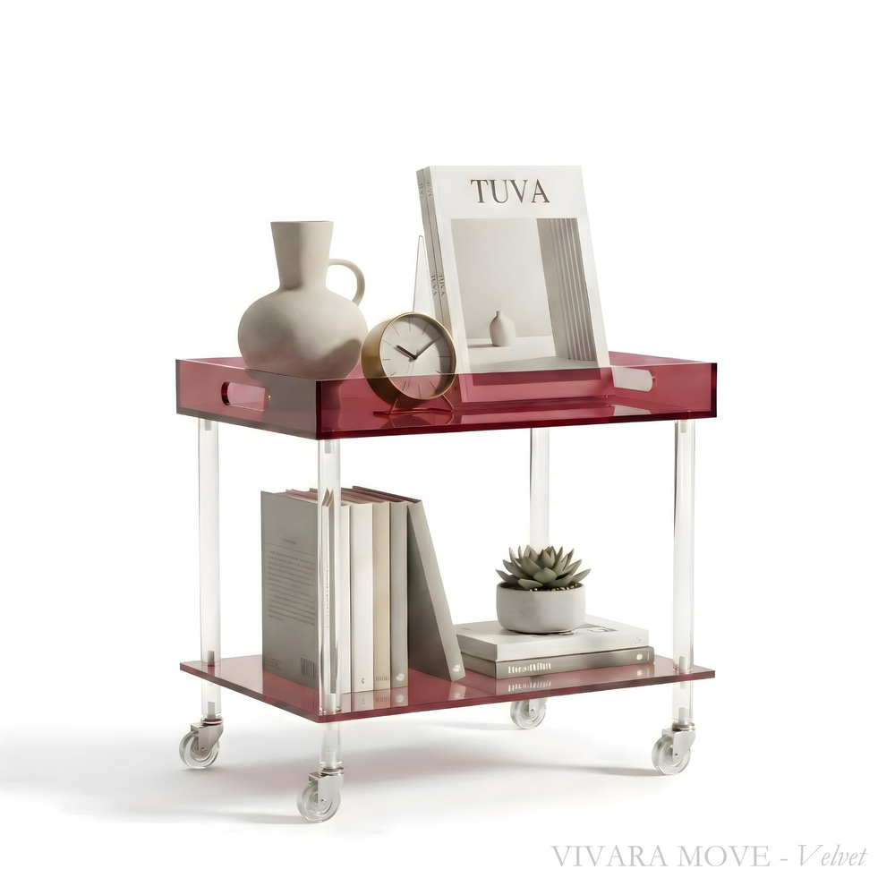 VIVARA Move | Tekerlekli Çubuk Ayaklı İki Katlı Pleksi Minimalist Yan Sehpa | Tuva Yeni Nesil Mobilya 