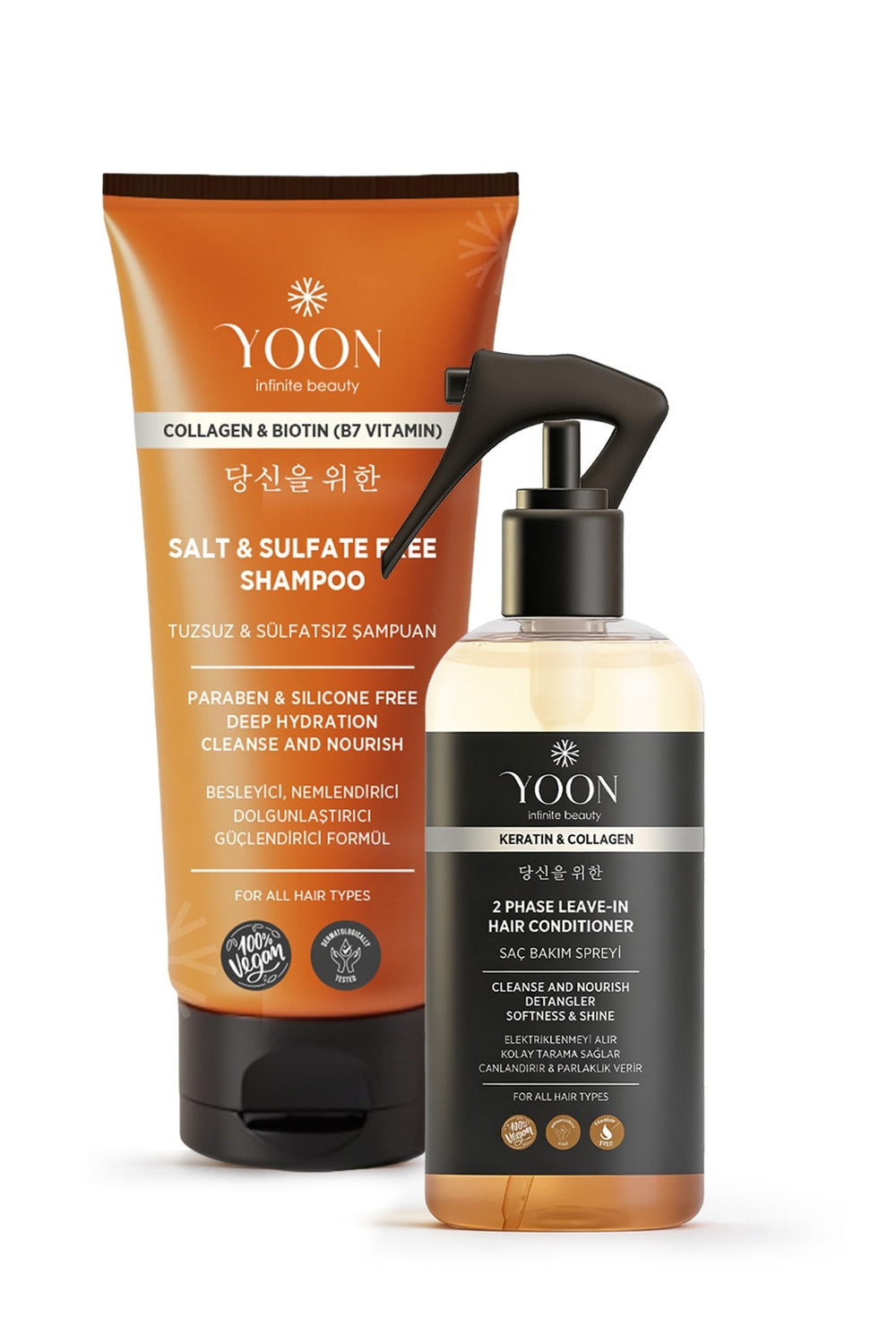 Vegan Tuzsuz Şampuan & Saç Bakım Spreyi 250ml, Keratin, Kolajen ve B7 Biotinli 2'li Besleyici Set