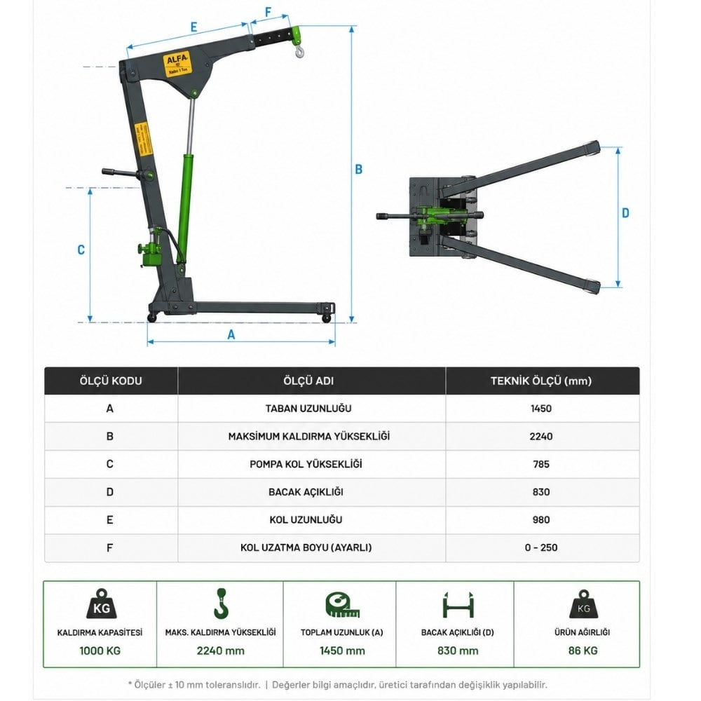 ALFA 1 Ton Katlanır Hidrolik Vinç - Motor Kaldırma Caraskalı