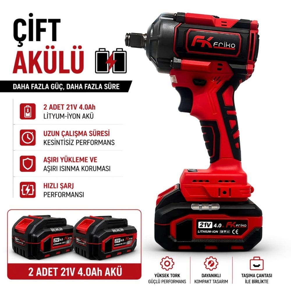 FRIKO 1/2 Akülü Somun Sıkma ve Sökme Makinesi Çift Akülü 21V 4 Ah 380 Nm