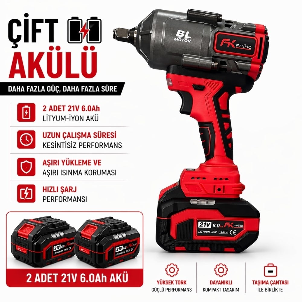 FRIKO 1/2 Akülü Somun Sıkma ve Sökme Makinesi Çift Akülü 21V 6 Ah 1350 Nm