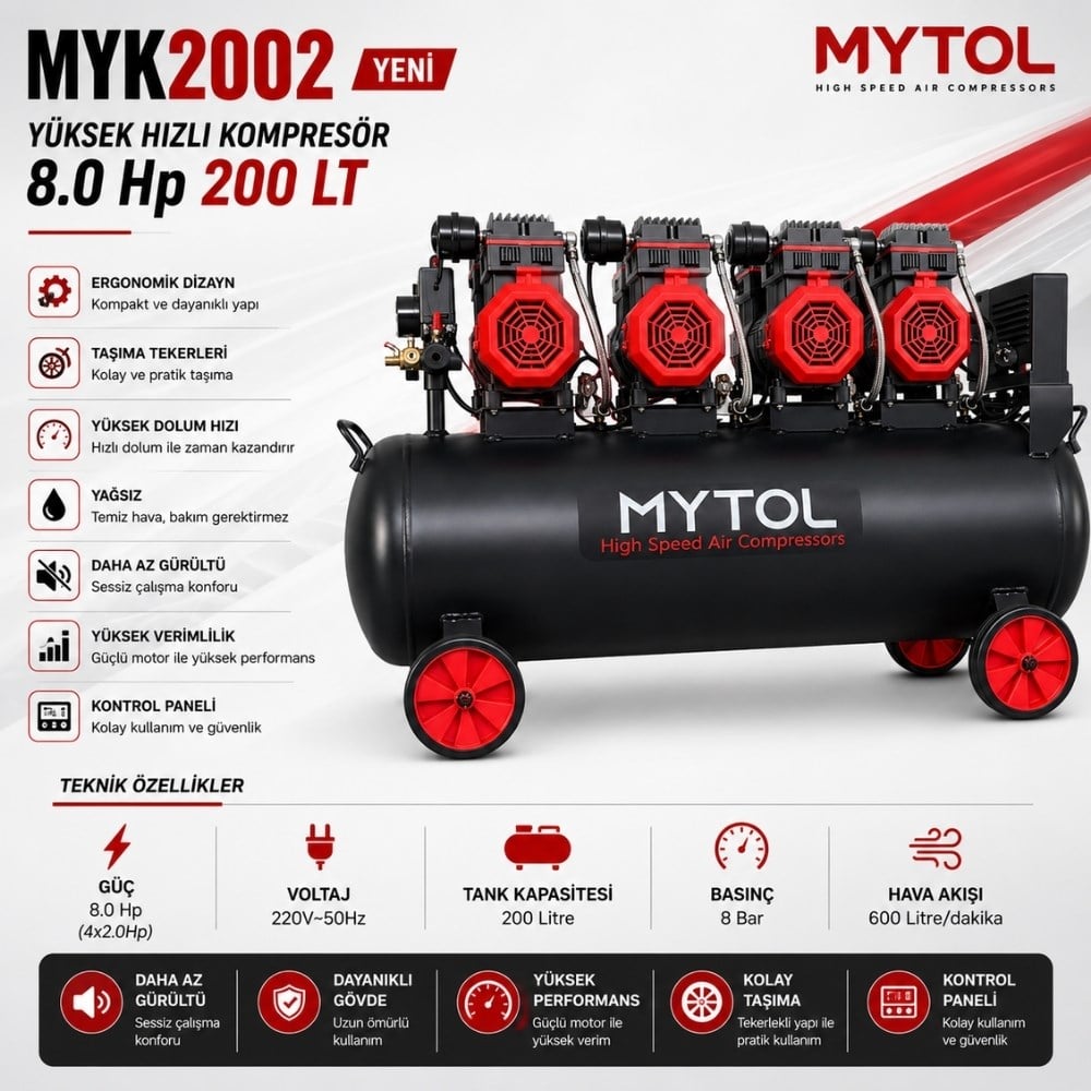 MYTOL 200 LT Hava Komprosörü Yüksek Hızlı 8 HP - MYK2002
