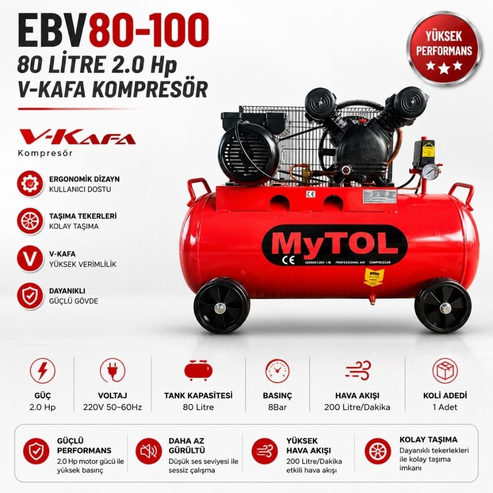 MYTOL 80 LT Hava Kompresörü 2 HP -  EBV80-100