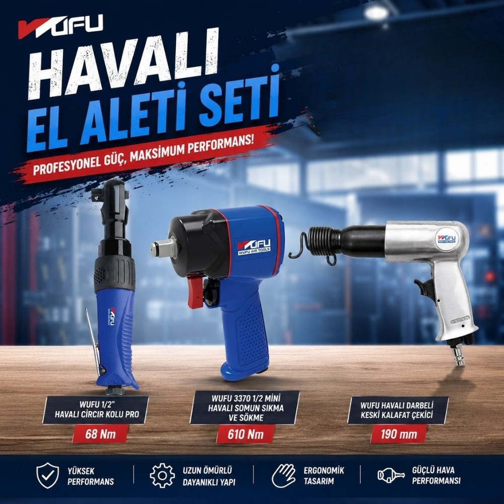 WUFU 1/2 Havalı Somun Sökme Havalı Cırcır Ve Havalı Kalafat Çekici Seti