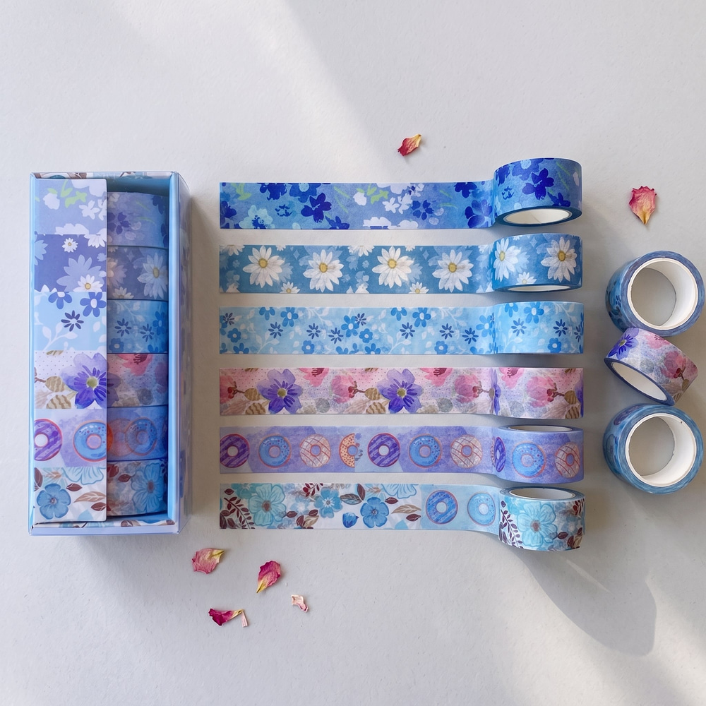 6lı Mavi Washi Tape Seti - Desenli Dekoratif Kâğıt Bant