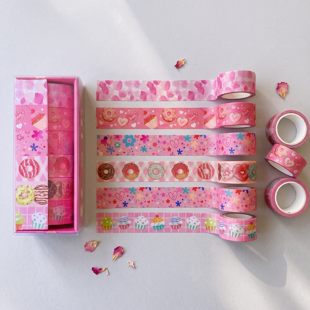 6lı Pembe Washi Tape Seti - Sevimli Dekoratif Kâğıt Bant