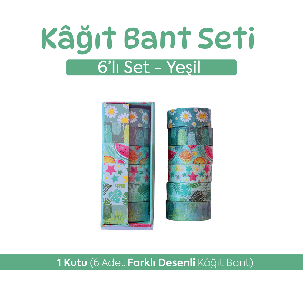 6lı Yeşil Washi Tape Seti - Dekoratif Kâğıt Bant