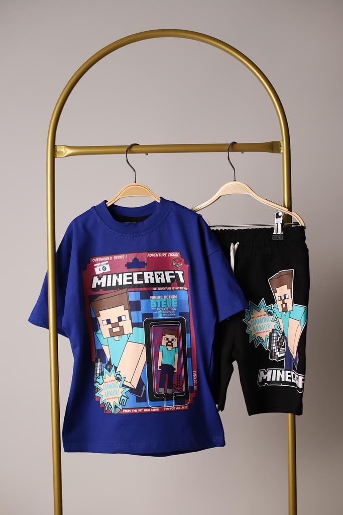 Mavi Minecraft Şortlu Takım