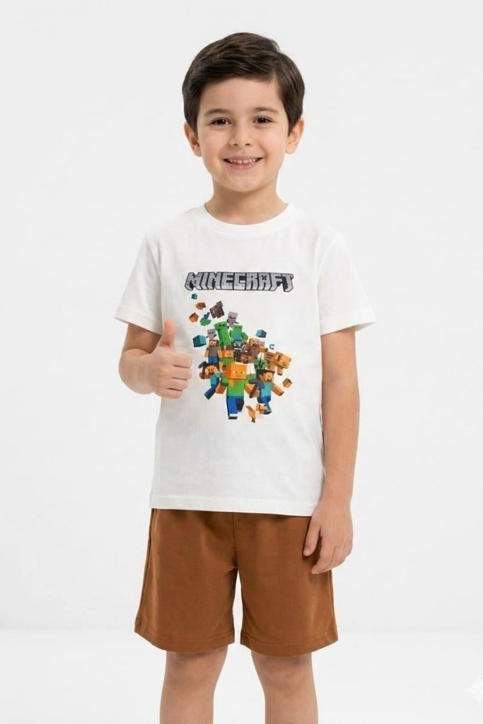 Minecraft Figürlü Kahverengi Şortlu Takım