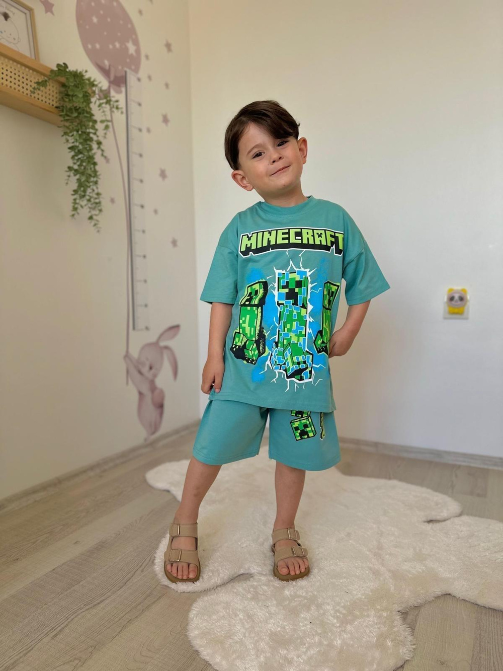 Yeşil Minecraft Şortlu Takım
