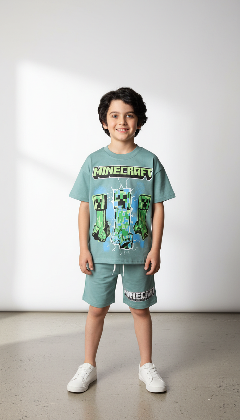 Yeşil Minecraft Şortlu Takım
