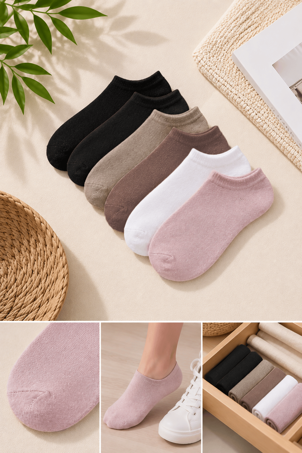  Kadınlar İçin 6 Lı Paket Nefes Alan Terletmez Bambu Karışık Renk Patik Çorap	
