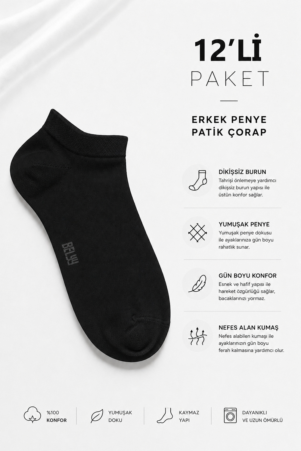 12 Li paket Penye Dikişsiz Erkek Sİyah Patik Çorap