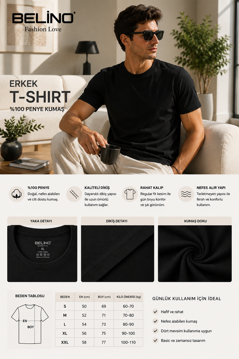 Erkek Basic Siyah Tişört %100 Pamuk Penye Regular Fit Bisiklet Yaka Kısa Kollu