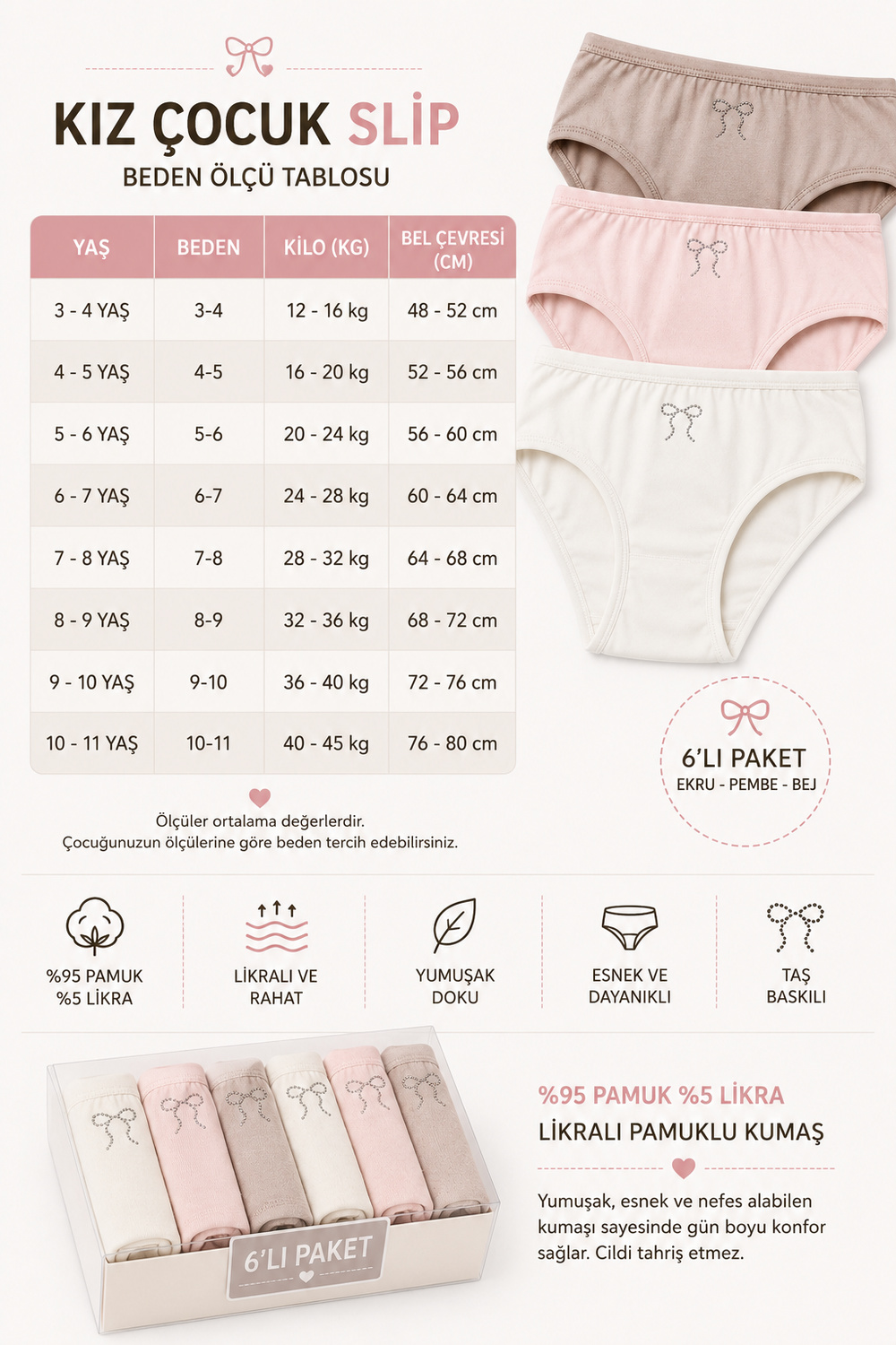 Kız Çocuk 6 Lı Slip Külot Penye Likralı Taş Baskılı