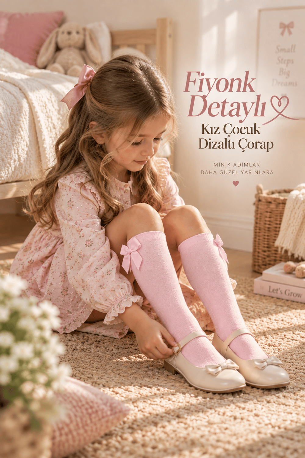 Fiyonk Detaylı Kız Çocuk Dizaltı Çorap