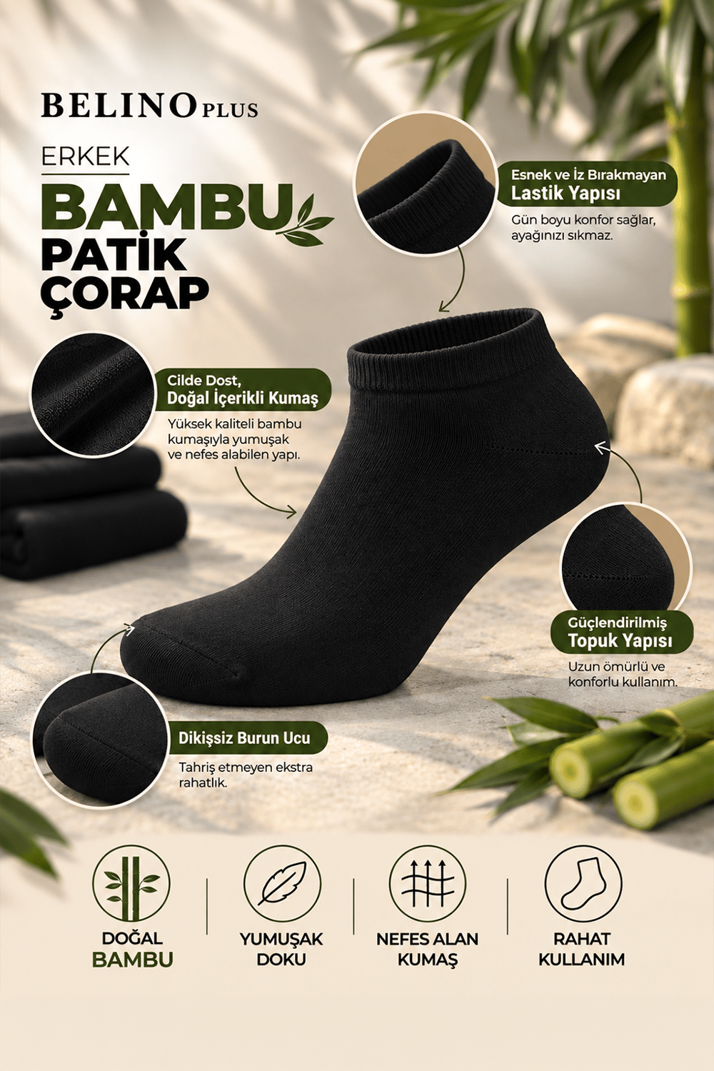 6 Lı Paket Bambu Siyah Renk Patik Çorap			