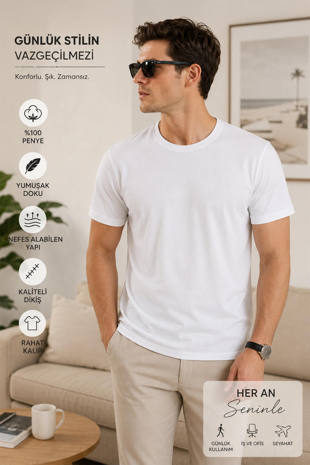 Erkek Basic Beyaz Tişört %100 Pamuk Penye Regular Fit Bisiklet Yaka Kısa Kollu		