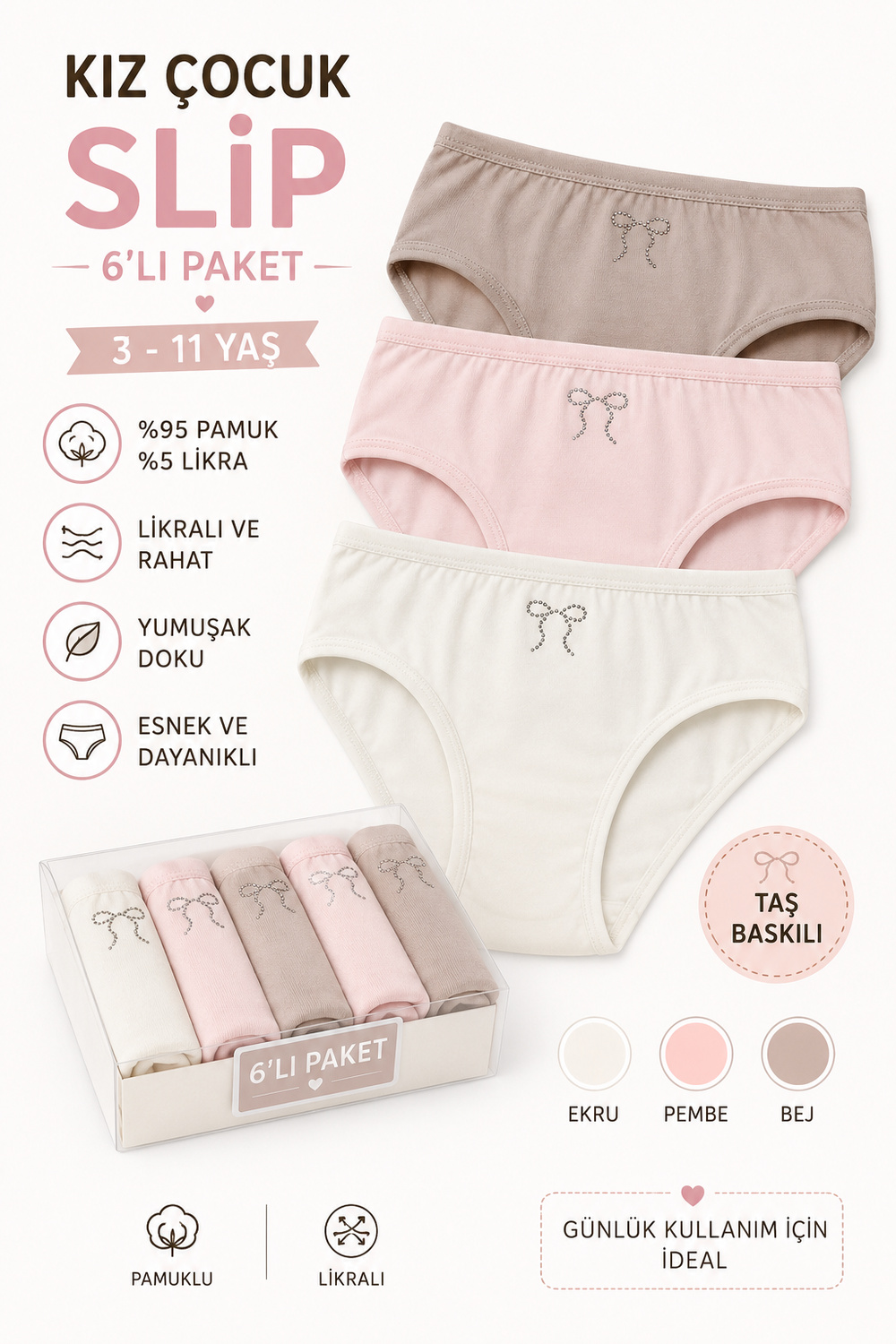 Kız Çocuk 6 Lı Slip Külot Penye Likralı Taş Baskılı