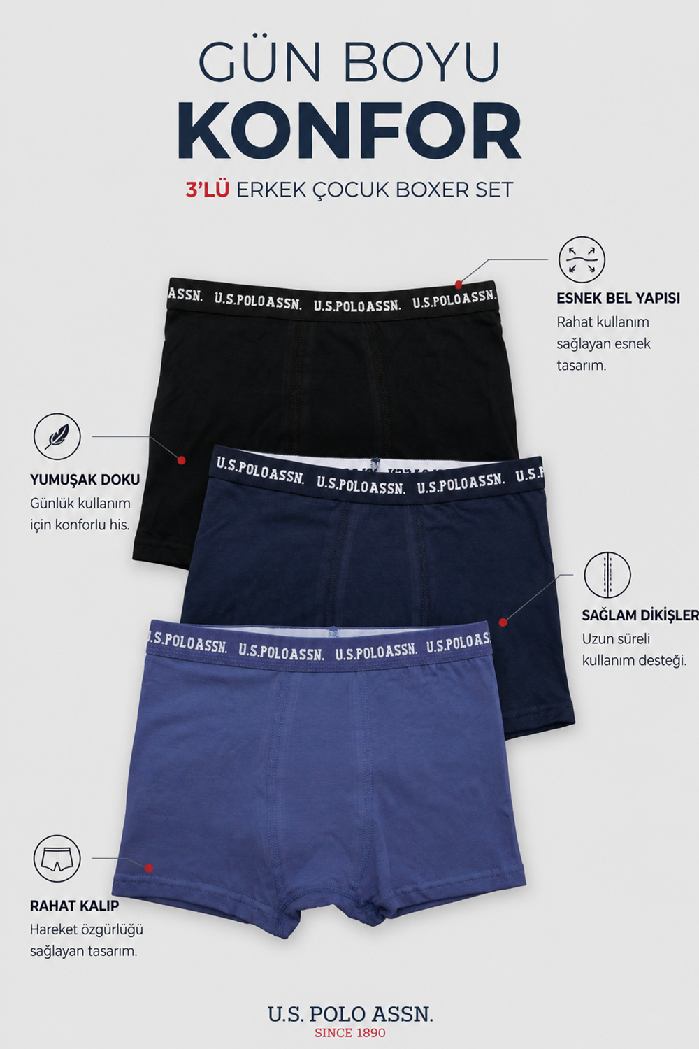 U.S.Polo Assn.Erkek Çocuk 3 Lü Boxer Set