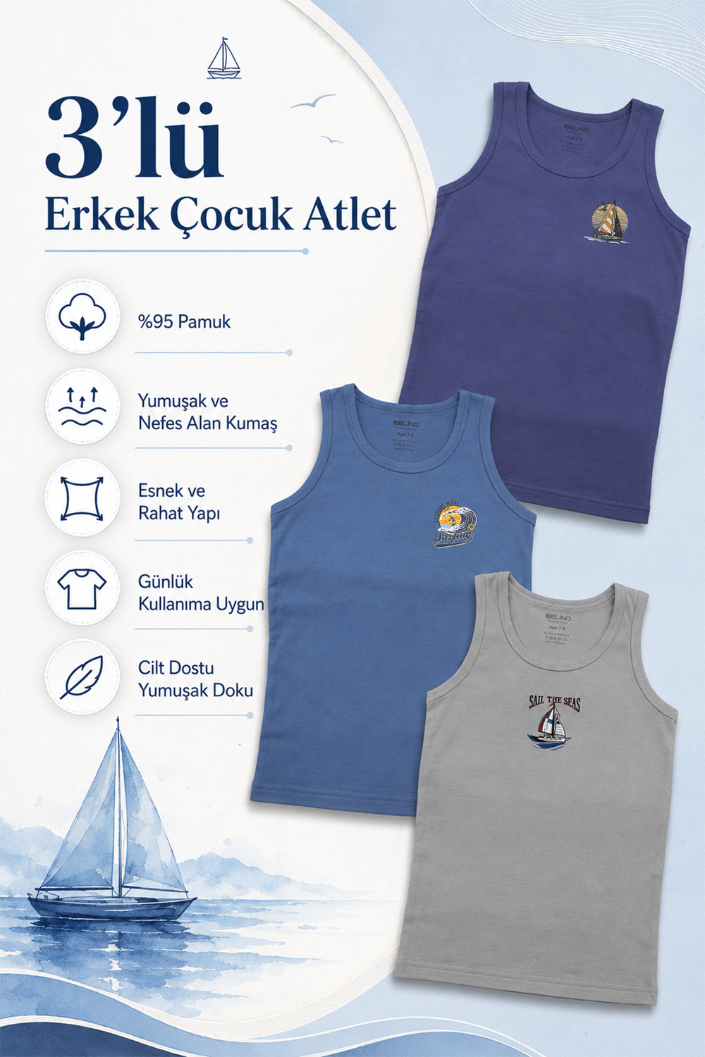 Erkek Çocuk Sıfır Kol  Desen Baskılı Atlet 3 Lü Paket