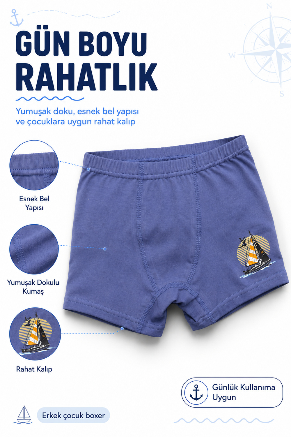 Penye Likralı Erkek Çocuk Boxer 6 Lı Paket - Mini Sailor