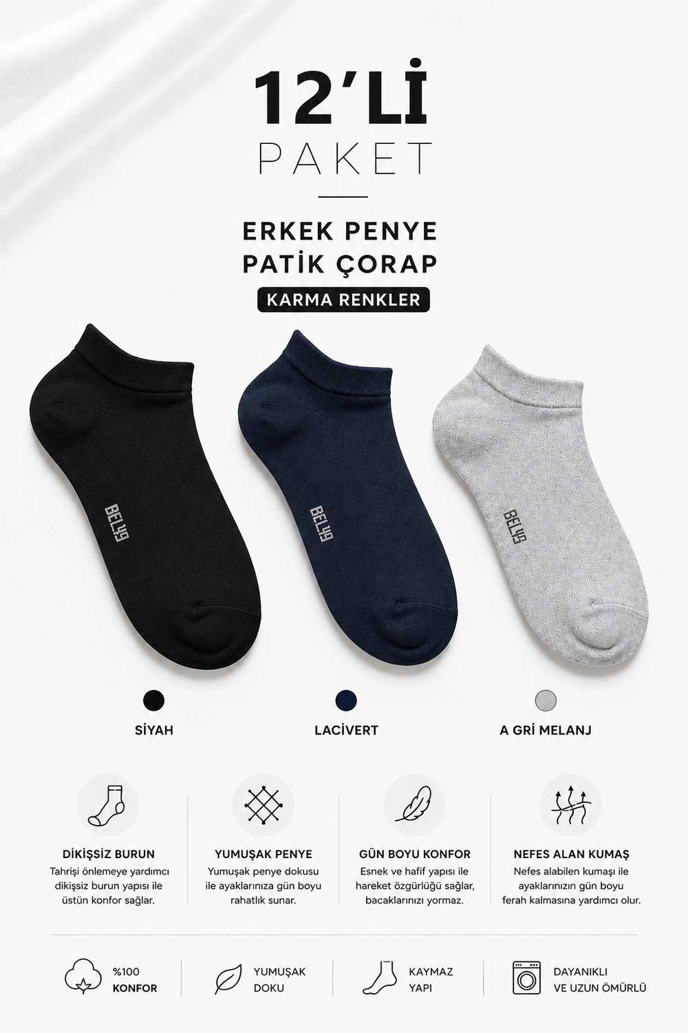 12 Li paket Penye Dikişsiz Erkek Karma Renk Patik Çorap
