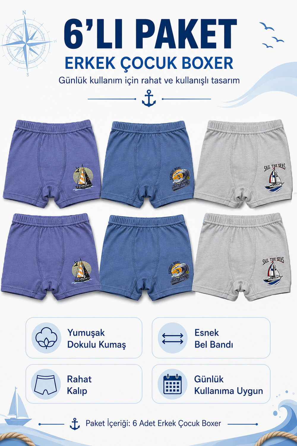 Penye Likralı Erkek Çocuk Boxer 6 Lı Paket - Mini Sailor