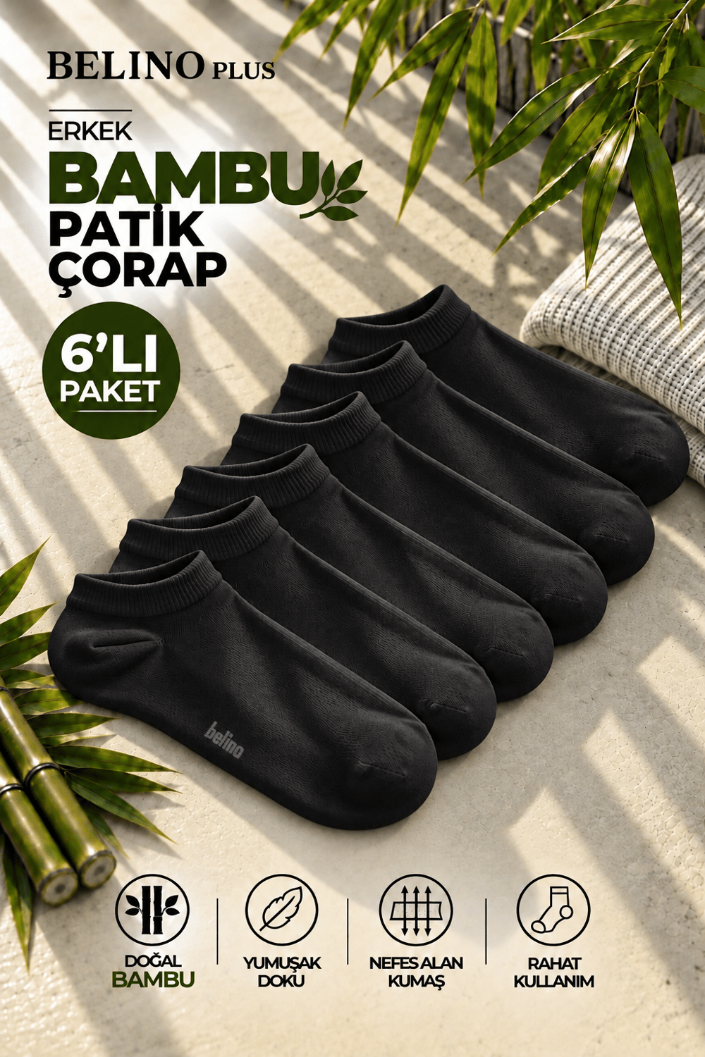 6 Lı Paket Bambu Siyah Renk Patik Çorap			